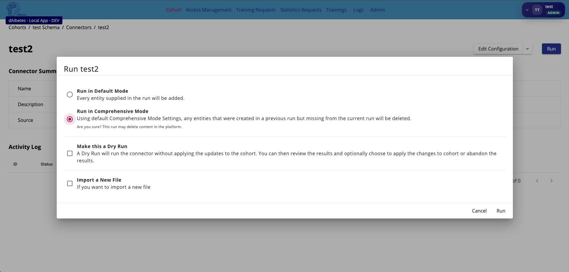 Run connector dialog